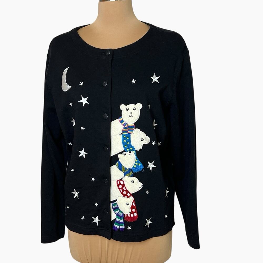 Vintage Bechamel Polar Bear Sweater Womens Large Black Button Cardigan Holidays